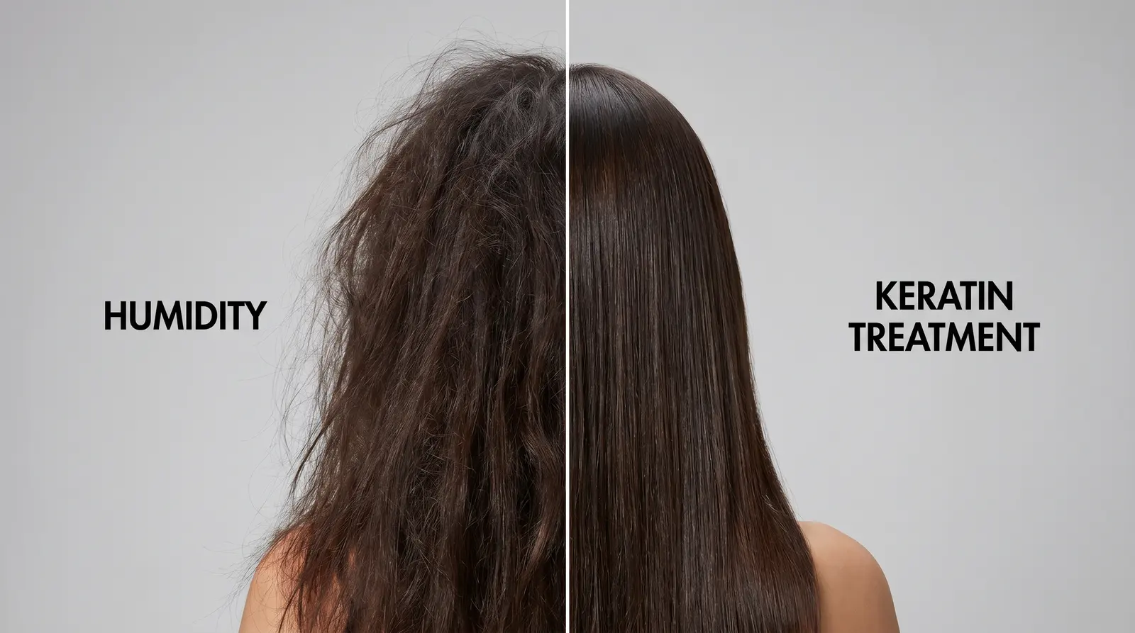 Illustrative before-and-after comparison: frizzy humidity-affected hair beside smooth keratin-treated hair