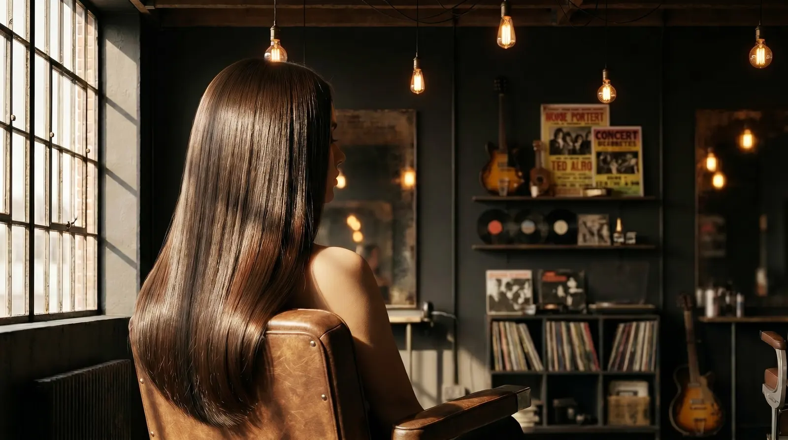 Smooth, glossy hair styled in an intimate rock-and-roll boutique salon studio with warm Edison-bulb light